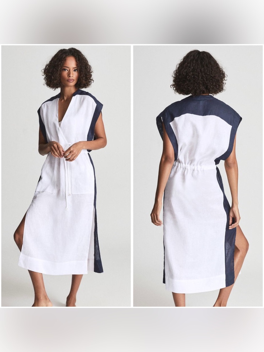 Reiss Ivory Linen Dress with Navy Trim